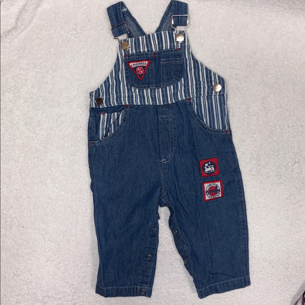 Vintage baby togs engineer Blue Striped Overalls with train Patches 18m